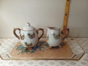 Vintage Enesco Floral Small Sugar Bowl and Creamer Set Tray Not For Sale